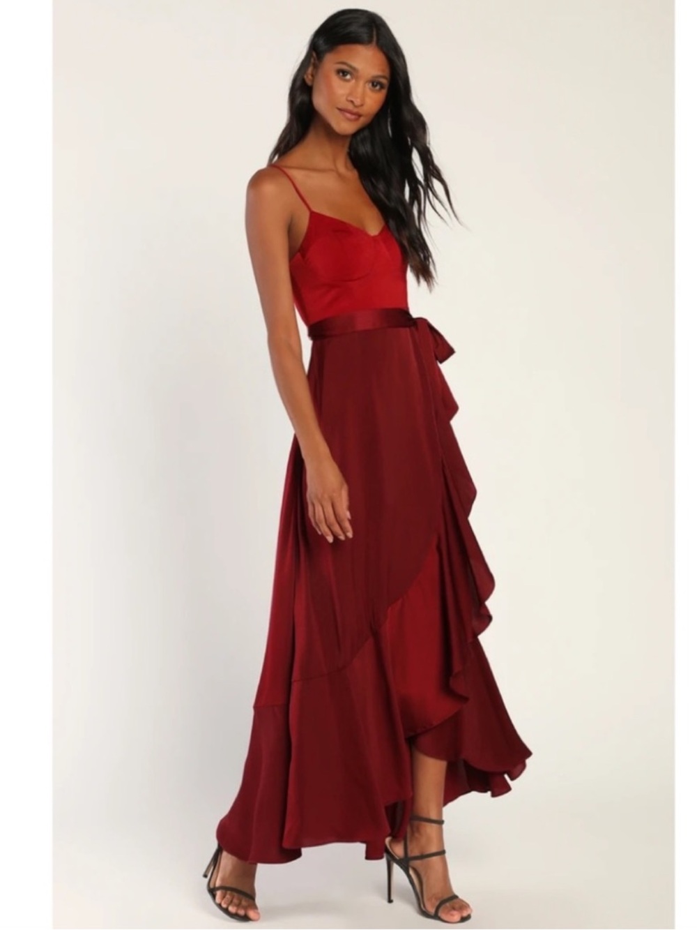 Lulus Double Darling Burgundy Color Block Satin Ruffled Maxi Dress Medium NWT - Picture 3 of 7